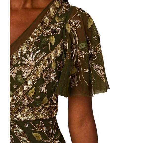 Adrianna Papell Womens Flutter Sleeve Beaded Mesh Ankle Dress Olive Size 22W NEW - Picture 4 of 6